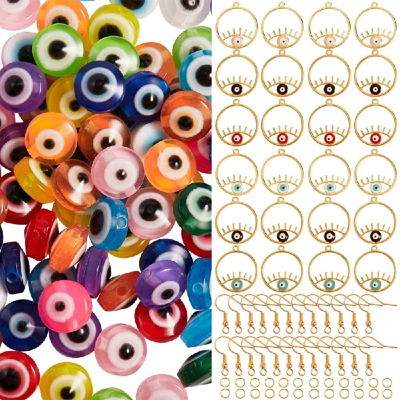 Hand-glossy rings-DIY Pendants Making Kits, Ring with Evil Eye Alloy Enamel Pendants, Flat Round Beads, Earring Hooks & Open Jump Rings, MultiColor