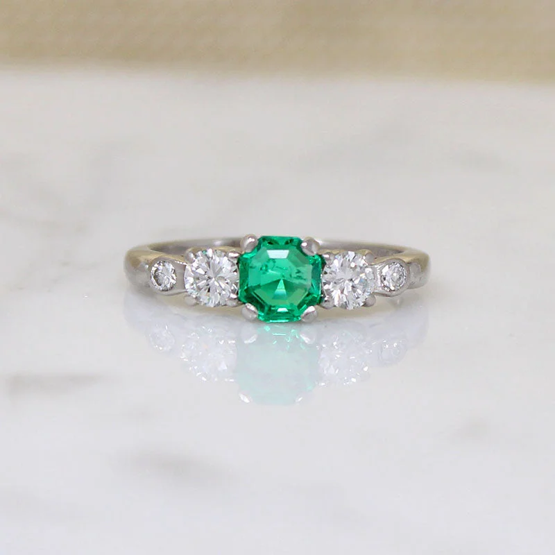 Thick gold rings-Octagonal Step Cut Emerald & Diamond Palladium Ring