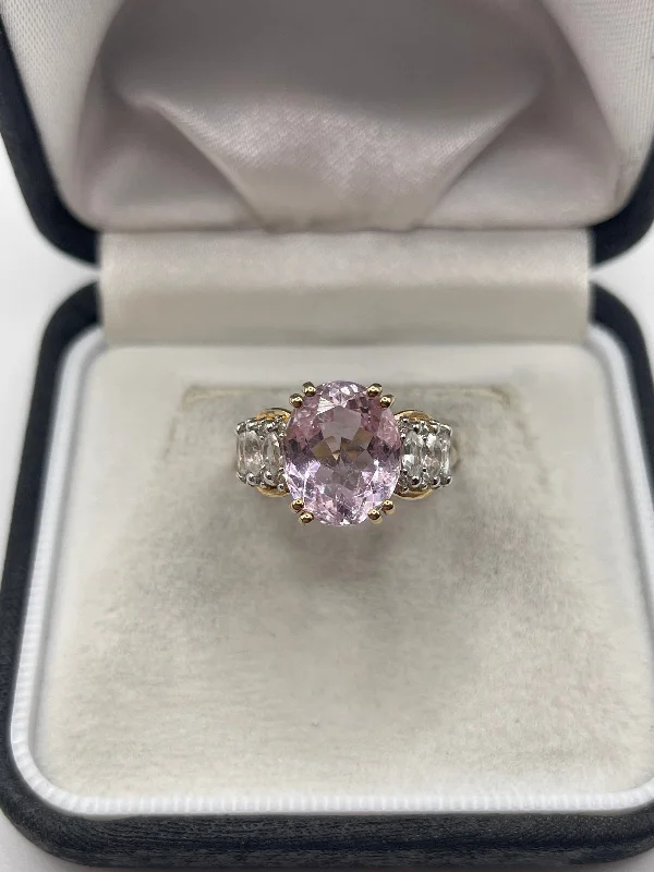 Lustrous silver rings-9ct gold kunzite and zircon ring