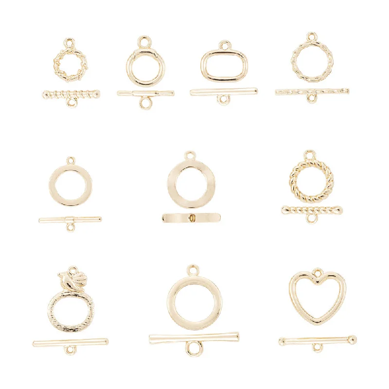 Multi-gem rings-20 Sets 10 Style Alloy Toggle Clasps, Ring & Heart & Rounded Rectangle, Golden