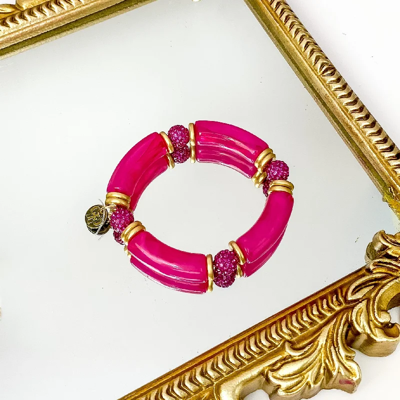 Chunky gem bangles-Pink Panache | Chunky Tube Bangle with Fuchsia Crystal and Gold Tone Bead Spacers in Fuchsia