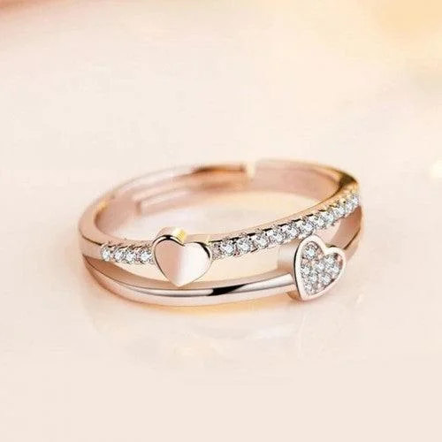 Bear design rings-American Diamond Heart Rose Gold Adjustable Ring