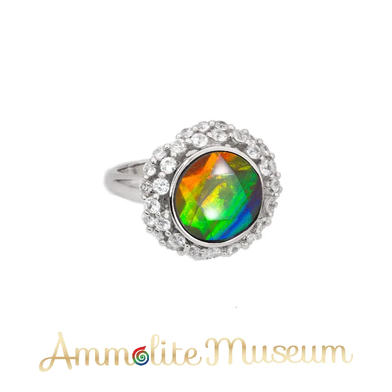 High shine rings-Sterling Silver Round Ammolite Ring with Swarovski Crystals