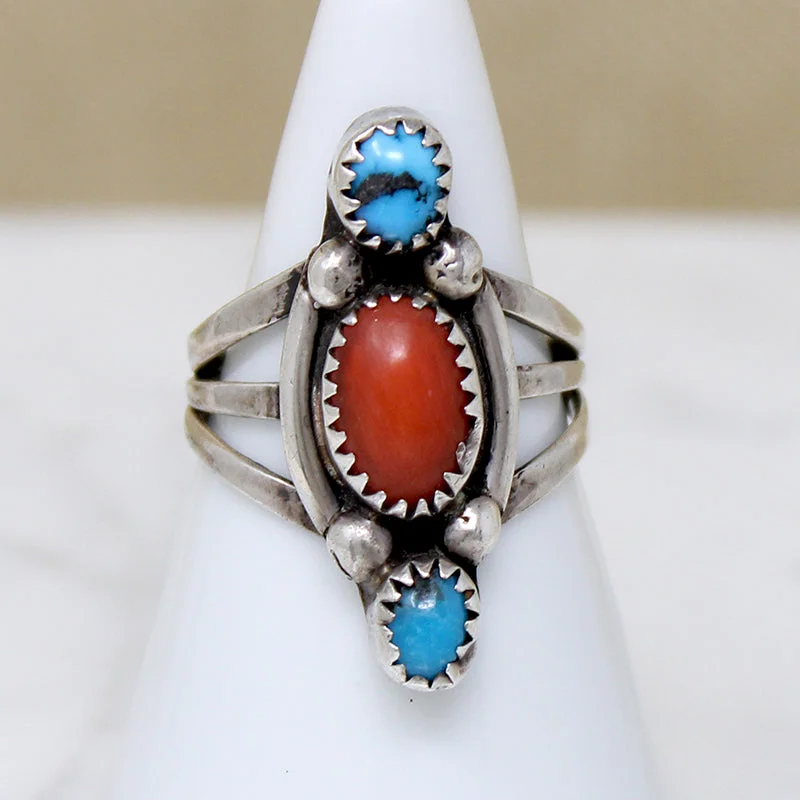 Square shape rings-Bright Coral & Turquoise in Sterling Ring