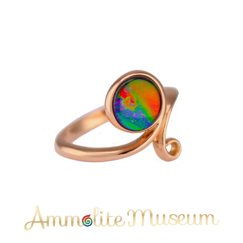 Bold cocktail rings-AURORA AA Grade Round Ammolite 14K Rose Gold Open Ring