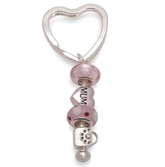 Rustic deco rings-Mum 'Pink Lady' Silver Plated Keyring/Handbag Charm