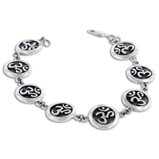 Thick cuff bangles-Antiqued Sterling Silver OM Absolute Aum Symbol Yoga Bracelet 7"