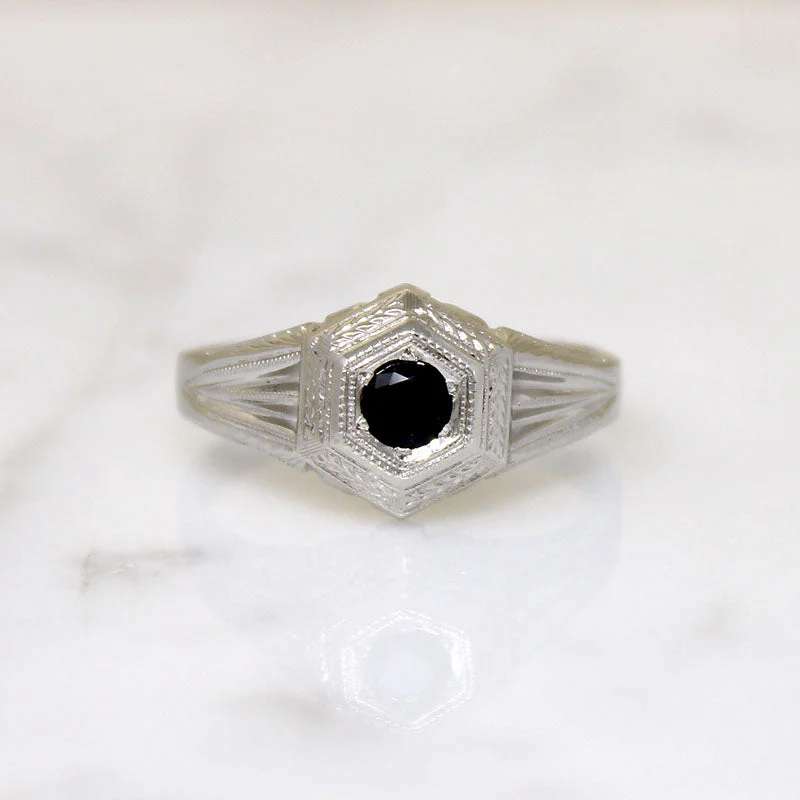 Square shape rings-Stylish Art Deco Onyx & Engraved White Gold Ring