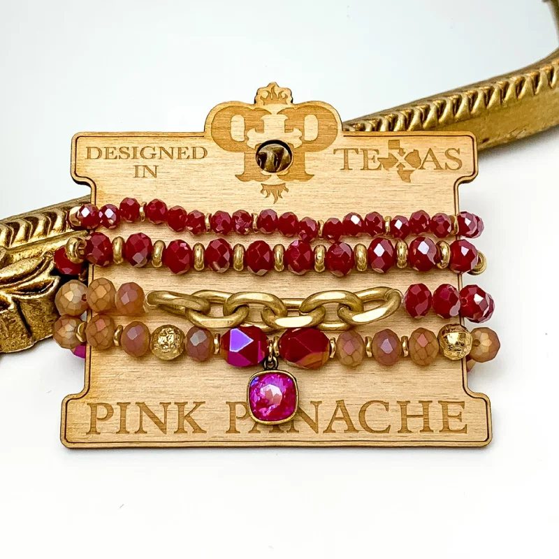 Rose quartz bangles-Pink Panache | Red Crystal and Gold Tone Beaded Bracelet Set with Gold Tone Chain Segment and Royal Red Delight Cushion Cut Crystal Pendant