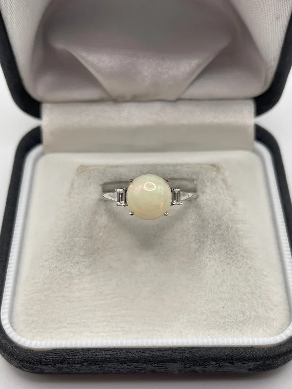 Flow shape rings-9ct white gold opal and zircon ring