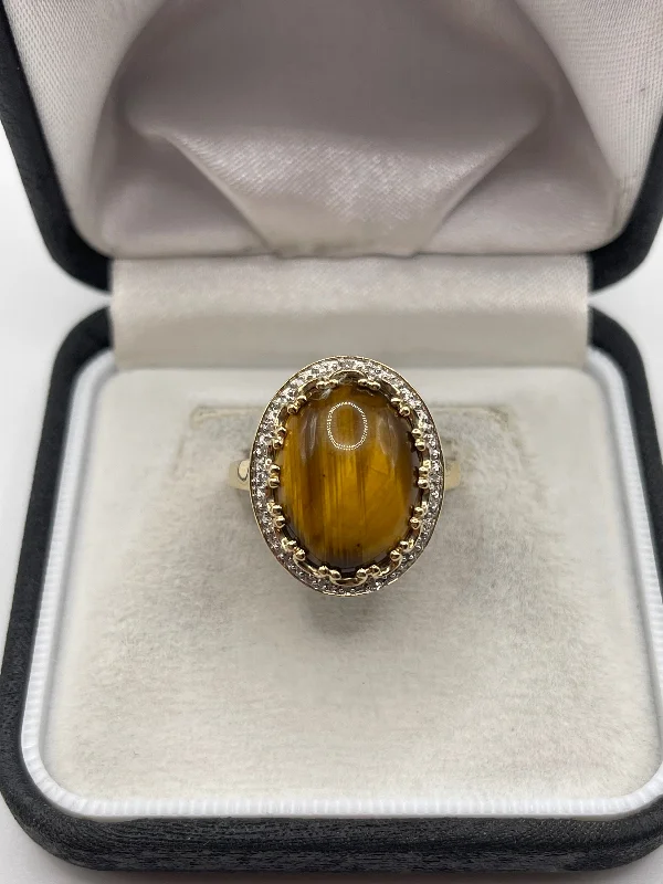 Bamboo style rings-9ct gold tigers eye and diamond ring