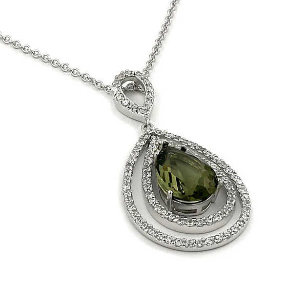 Wide gold bangles-Rhodium Sterling Silver Smokey Green CZ Pendant Necklace