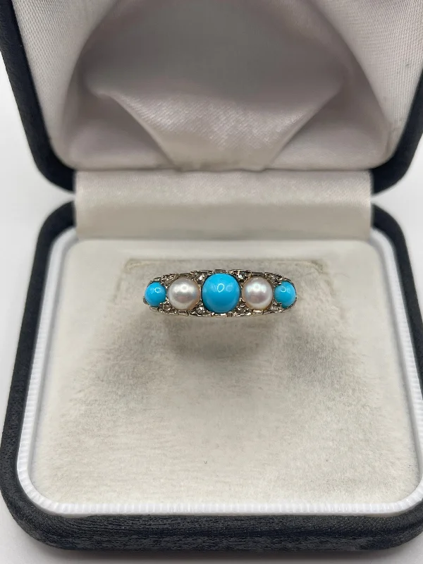 Bright band rings-Antique 18ct gold turquoise, pearl and diamond ring