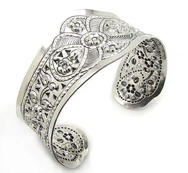 Bead-woven bangles-Wide Flower Design Embossed Sterling Silver Cuff Bracelet