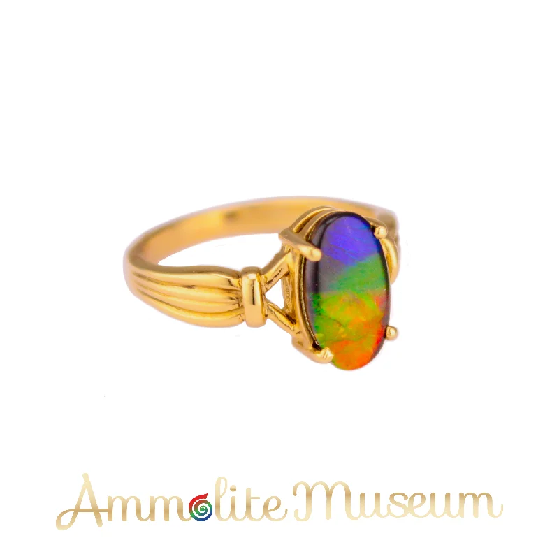 Rustic deco rings-AURORA 14K Yellow Gold Oval Ammolite Ring