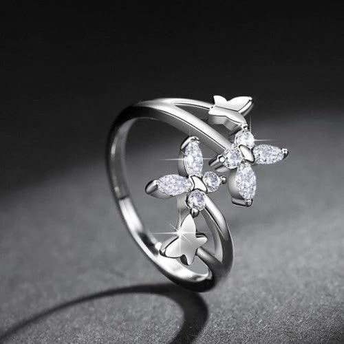 Solid stone rings-Butterfly Crystal Ring Silver