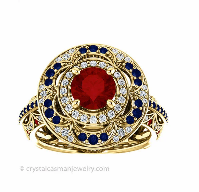 Whimsical rings-18k Gold Ruby Sapphire and Diamond Ring. Vintage Style. 1.5 ctw, 7.6g