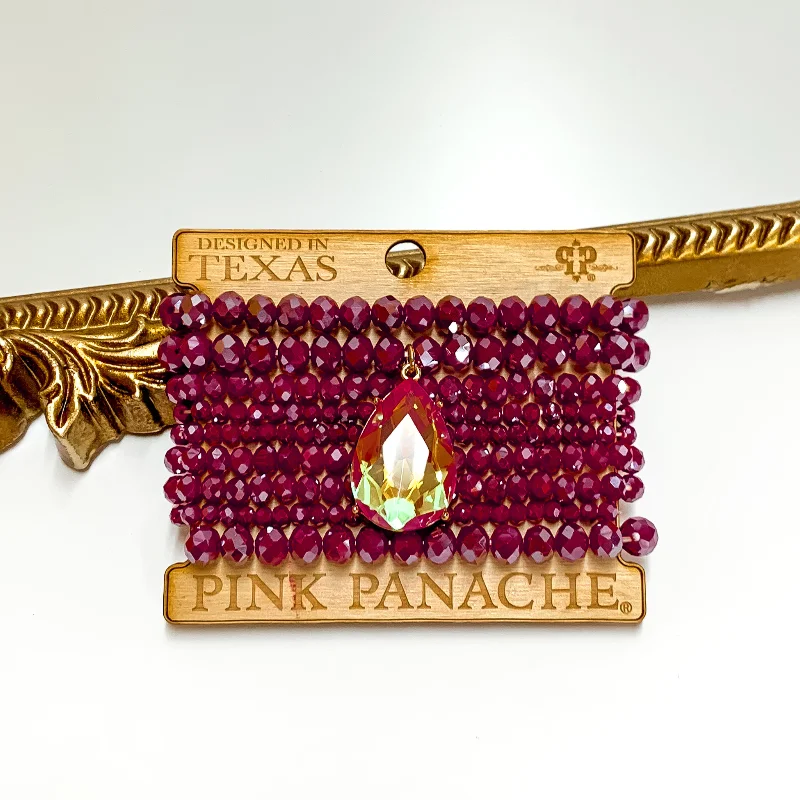 High shine bangles-Pink Panache | Crystal Beaded Bracelet Set in Fuchsia with Large Fuchsia AB Crystal Teardrop