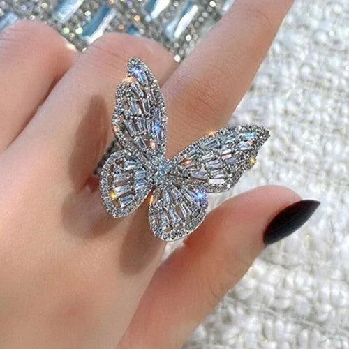 Ripple inlay rings-Silver Butterfly Stone Studded Ring