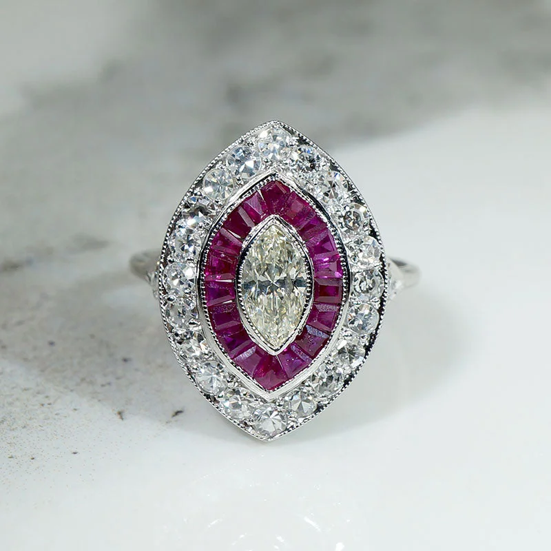 Small heart rings-Marquise Diamond & Rubies Navette Target Ring