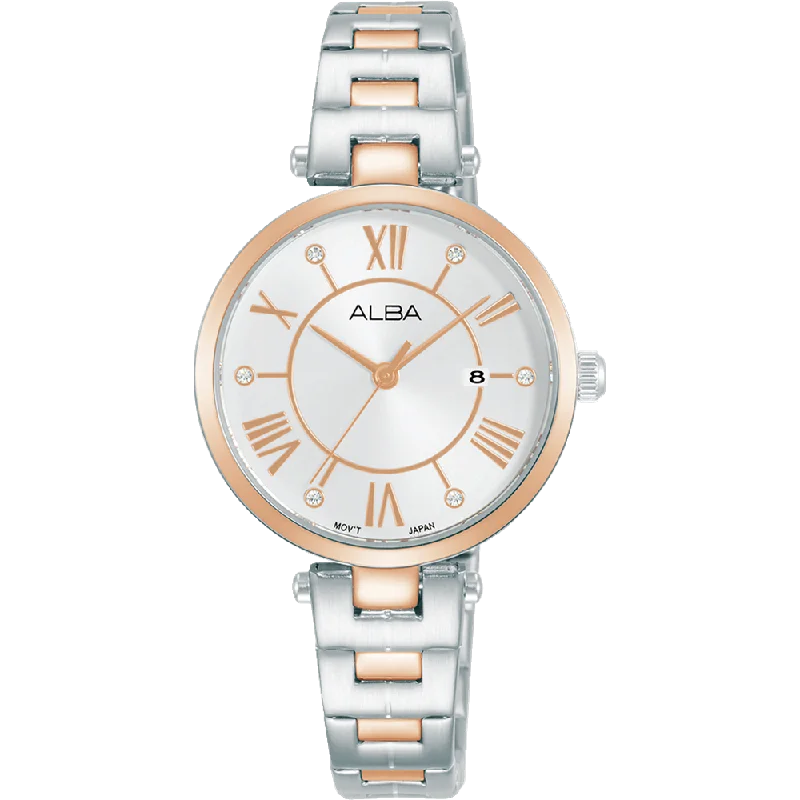 Two-tone strap watches-Alba Fashion Dress Analogue Silver Dial Womens Watch AH7AN4X