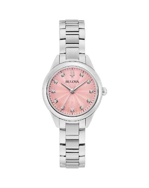 Crystal face watches-Bulova Classic Sutton Diamond Stainless Steel Pink Dial Watch 96P249