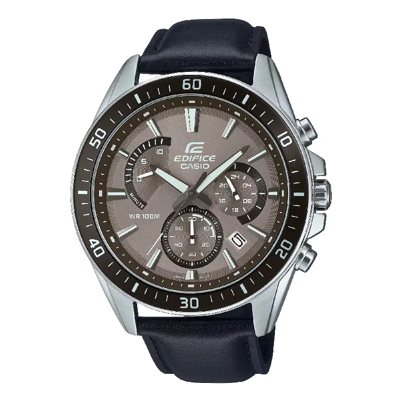 Fine slim watches-Casio Edifice Black Leather Strap Black Dial Watch EFR552L-5A