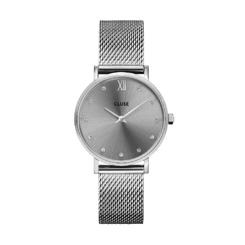 Gem strap watches-CLUSE Minuit Silver Grey Crystals/Silver Mesh CW10203