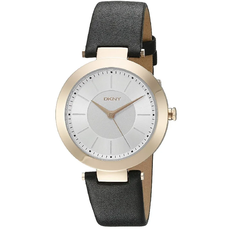 Polished gold watches-DKNY Women's NY2468 Stanhope Black Leather Watch