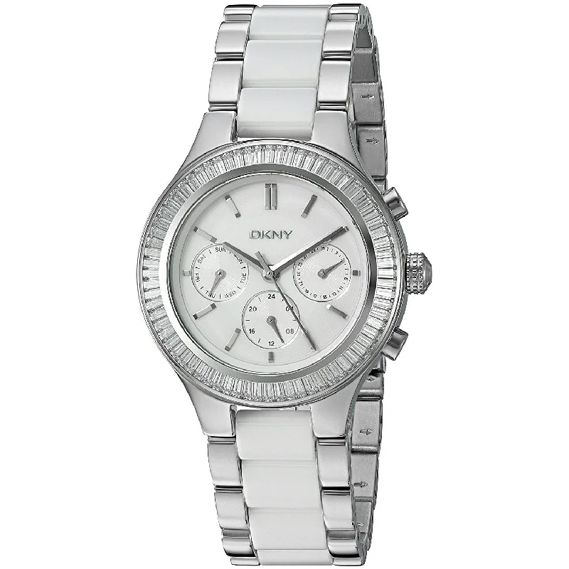 Sleek leather watches-DKNY Women's NY2497 Chambers Multi-Function Crystal Silver and White Stainless steel and Ceramic Watch