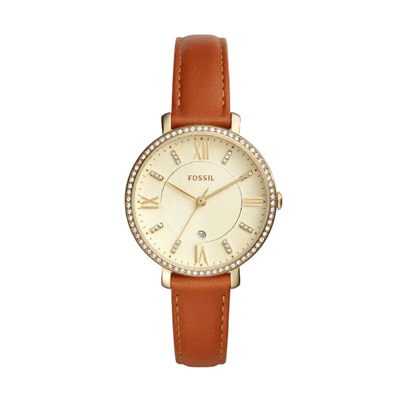 Steel strap watches-Elegant Fossil Jacqueline Women's Gold Dial Leather Strap Watch ES4293