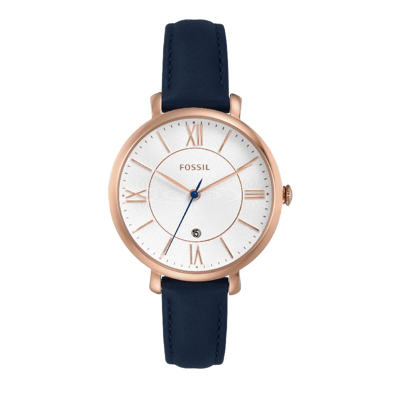 Fine band watches-Fossil Jacqueline Rose-Gold & Navy Leather Women's Watch