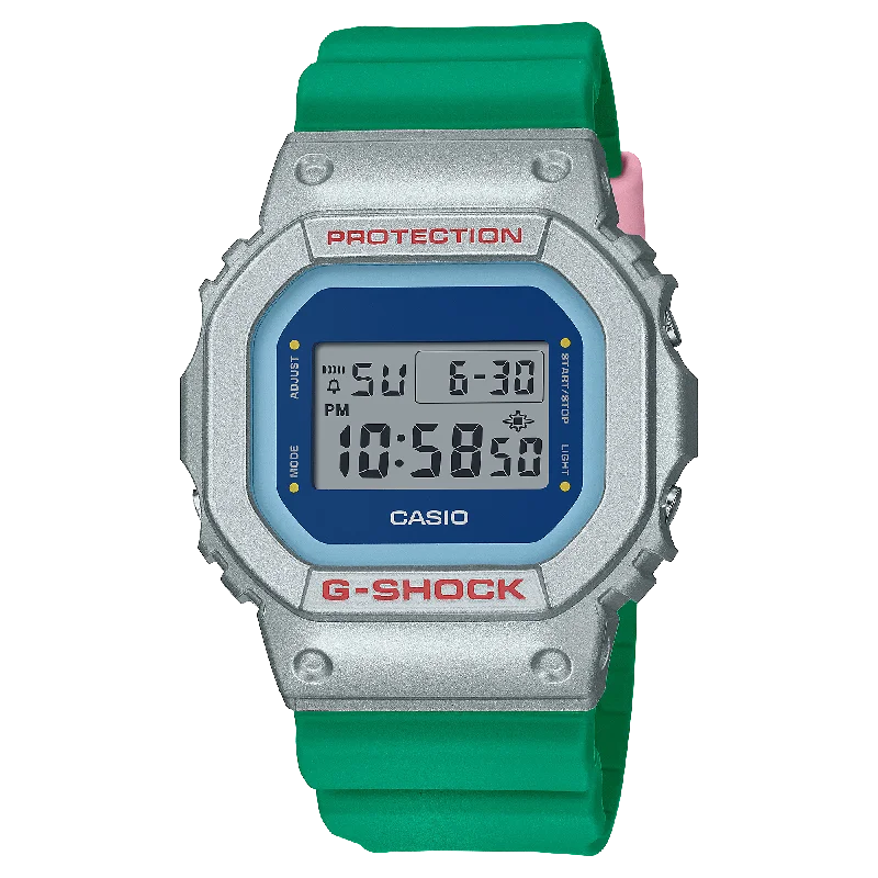 Solid metal watches-G-Shock Blue Dial Green Resin Band Watch DW5600EU-8A3