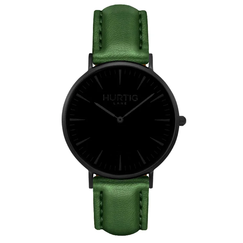 Diamond rim watches-Mykonos CACTUS Leather Watch All Black & Green