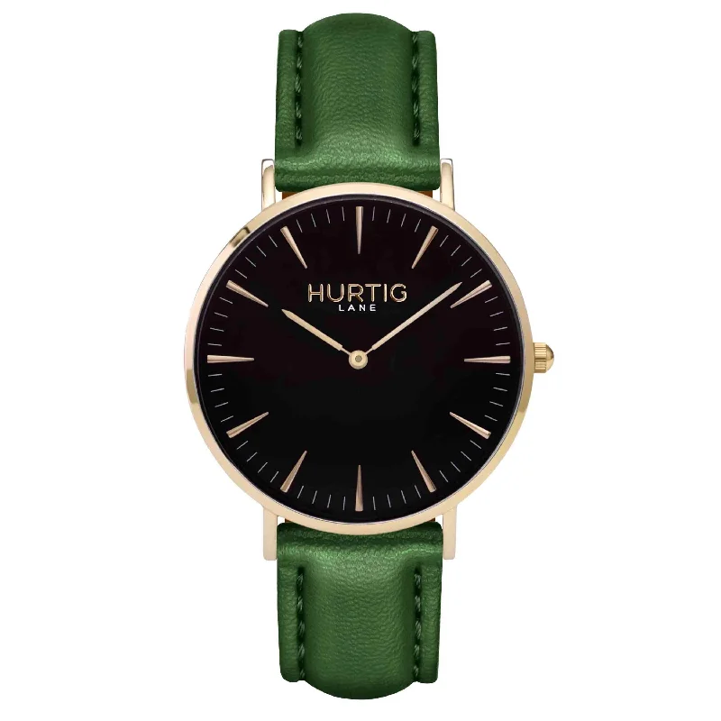 Polished gold watches-Mykonos CACTUS Leather Watch Gold, Black & Green