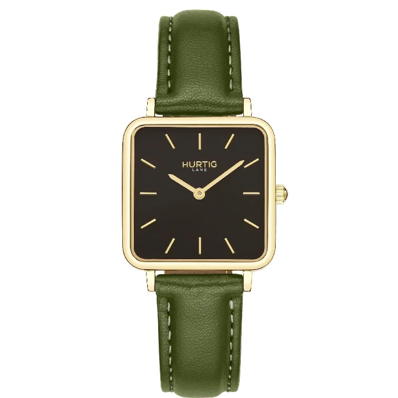 Polished gold watches-Neliö Square CACTUS Leather Watch Gold,Black & Green