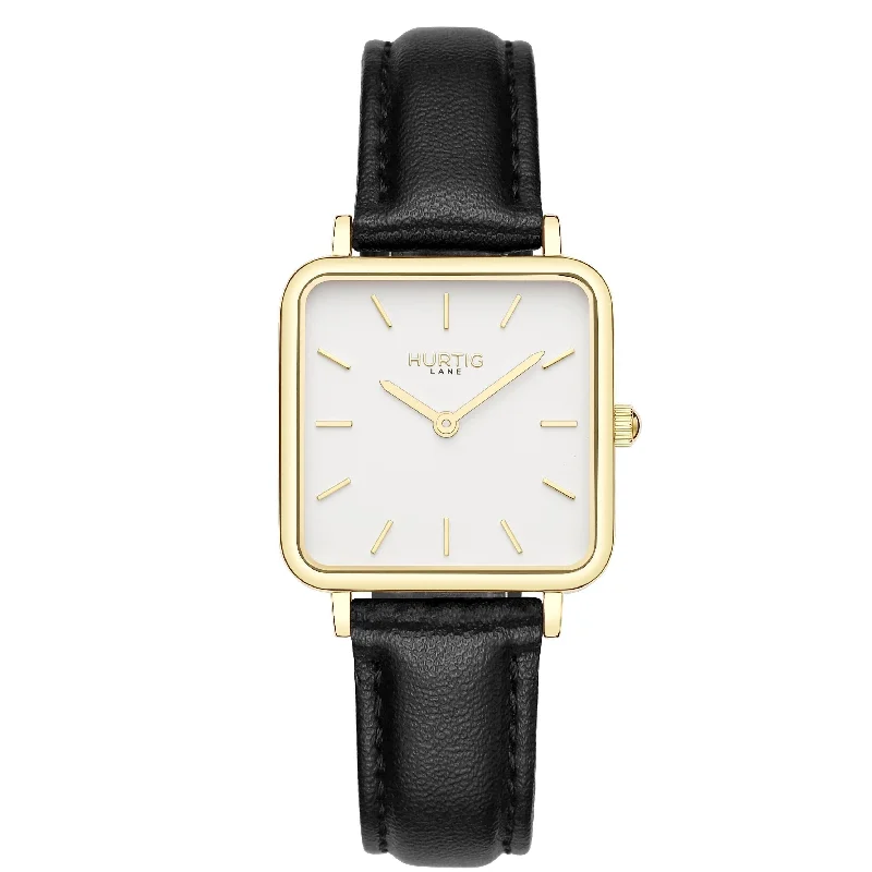 Steel band watches-Neliö Square CACTUS Leather Watch Gold, White & Black