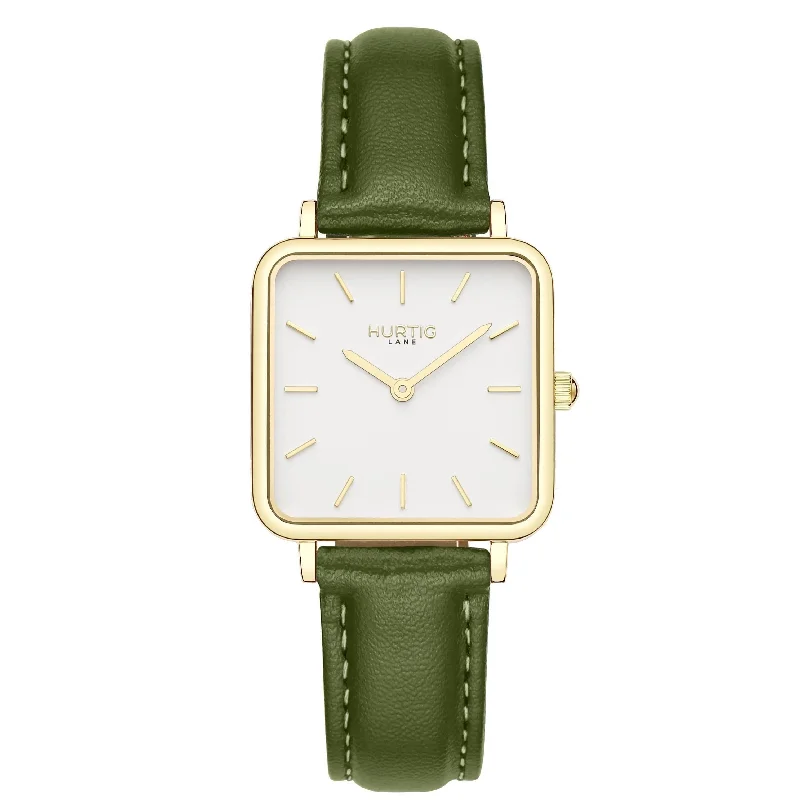 Quartz band watches-Neliö Square CACTUS Leather Watch Gold, White & Green