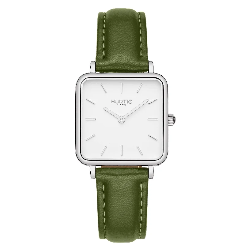 Bright color watches-Neliö Square CACTUS Leather Watch Silver, White & Green